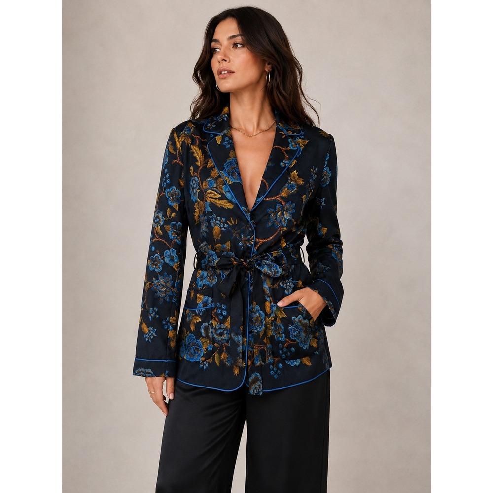 Alberta Ferretti 100% Silk Floral Belted Blazer Top Size 2 Designer Luxury Glam